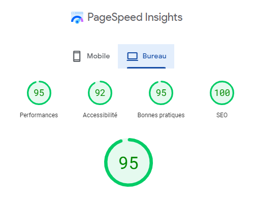 MJ sur PageSpeed Insights 95/100